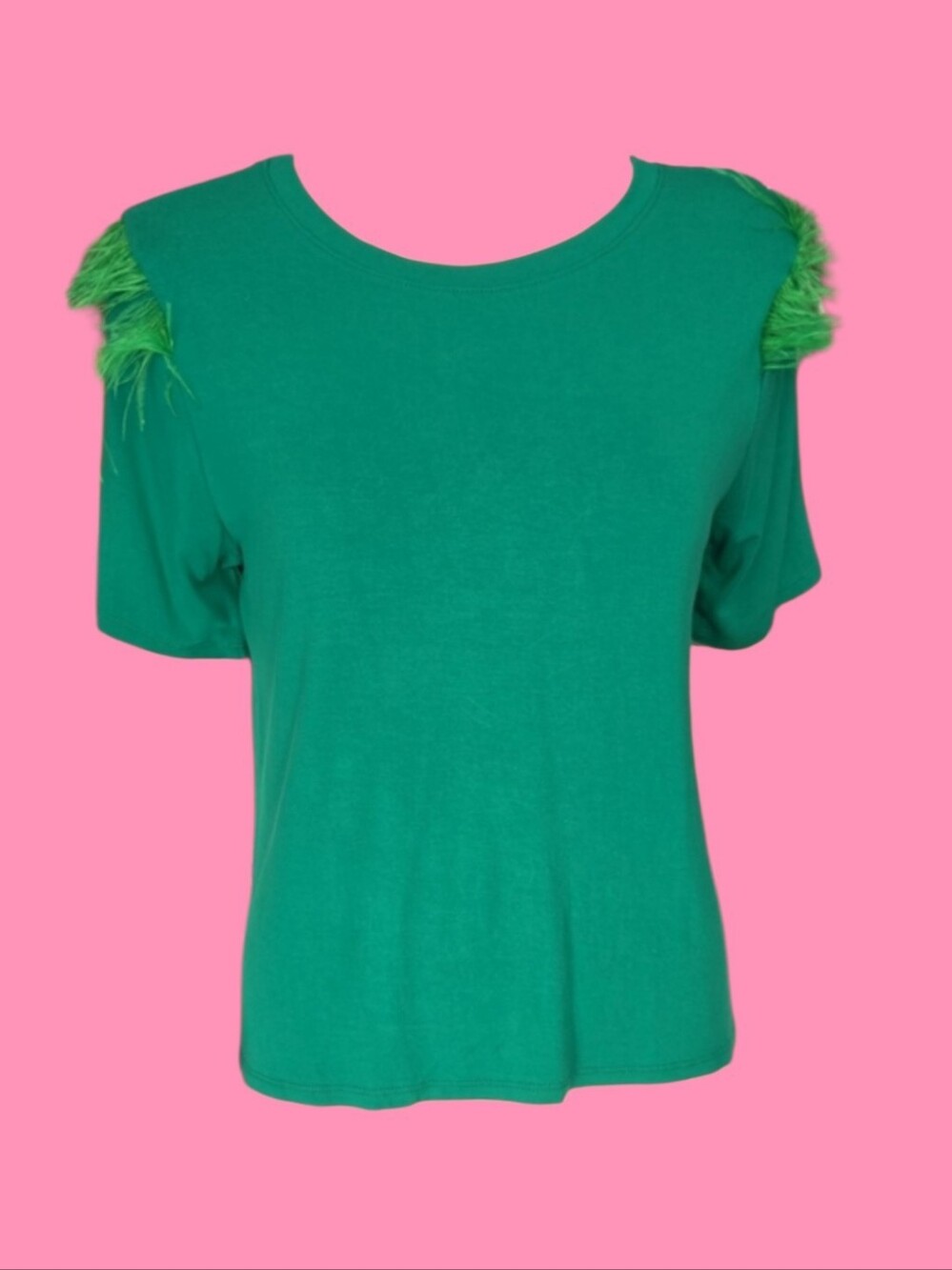 Feather-Trim Short Sleeve Top - Green